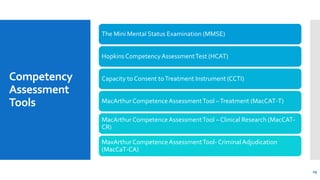 Competency
Assessment
Tools
The Mini Mental Status Examination (MMSE)
Hopkins Competency AssessmentTest (HCAT)
Capacity to Consent toTreatment Instrument (CCTI)
MacArthur CompetenceAssessmentTool –Treatment (MacCAT-T)
MacArthur CompetenceAssessmentTool – Clinical Research (MacCAT-
CR)
MaxArthur CompetenceAssessmentTool- CriminalAdjudication
(MacCaT-CA)
29
 