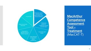 MacArthur
Competence
Assessment
Tool –
Treatment
(MacCAT-T)
• Assesses choice,
understanding,
appreciation, and
rational thinking
• Adequate,
partial, or
inadequate ratings
for each item
• Score for each
ability
• Not designed
to determine
global
competence
• Intended to
identify areas of
relative capacity
• Semi-structured
interview
• 15-20 min
31
 