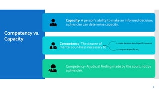 Competency vs.
Capacity
Capacity- A person’s ability to make an informed decision;
a physician can determine capacity.
Competency-The degree of
mental soundness necessary to
1. make decision about specific issues or
2. carry out a specific act;
Competency- A judicial finding made by the court, not by
a physician.
8
 