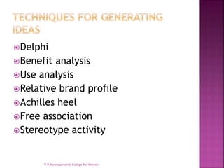 Delphi
Benefit analysis
Use analysis
Relative brand profile
Achilles heel
Free association
Stereotype activity
V.V.Vanniaperumal College for Women
 