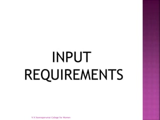 INPUT
REQUIREMENTS
V.V.Vanniaperumal College for Women
 