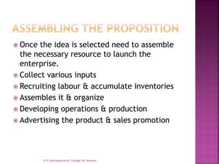  Once the idea is selected need to assemble
the necessary resource to launch the
enterprise.
 Collect various inputs
 Recruiting labour & accumulate inventories
 Assembles it & organize
 Developing operations & production
 Advertising the product & sales promotion
V.V.Vanniaperumal College for Women
 