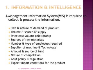 A Management Information System(MIS) is required to
collect & process the information.
 Size & nature of demand of product
 Volume & source of supply
 Price cost volume relationship
 Sources of raw materials
 Number & type of employees required
 Supplier of machine & Technology
 Amount & source of fund
 Nature of competition
 Govt policy & regulation
 Export import conditions for the product
V.V.Vanniaperumal College for Women
 