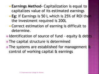  Earnings Method- Capitalization is equal to
capitalizes value of its estimated earnings
 Eg: If Earnings is 50 L which is 25% of ROI then
the investment required is 200L
 Correct estimation of earning is difficult to
determine.
 Identification of source of fund – equity & debts
 The capital structure is determined
 The systems are established for management &
control of working capital & earnings
V.V.Vanniaperumal College for Women
 