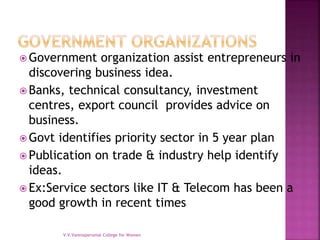  Government organization assist entrepreneurs in
discovering business idea.
 Banks, technical consultancy, investment
centres, export council provides advice on
business.
 Govt identifies priority sector in 5 year plan
 Publication on trade & industry help identify
ideas.
 Ex:Service sectors like IT & Telecom has been a
good growth in recent times
V.V.Vanniaperumal College for Women
 