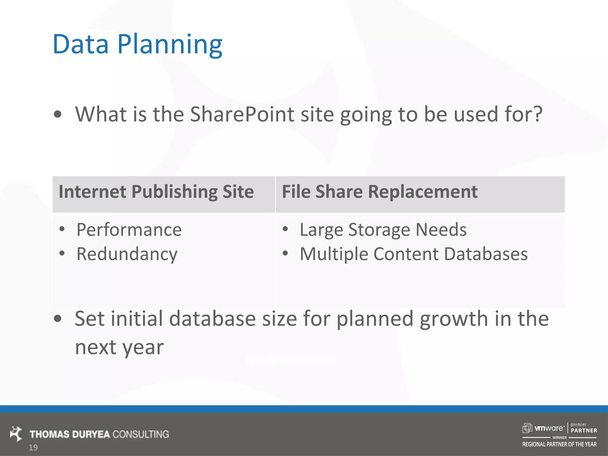 Data PlanningWhat is the SharePoint site going to be used for?Set initial database size for planned growth in the next year