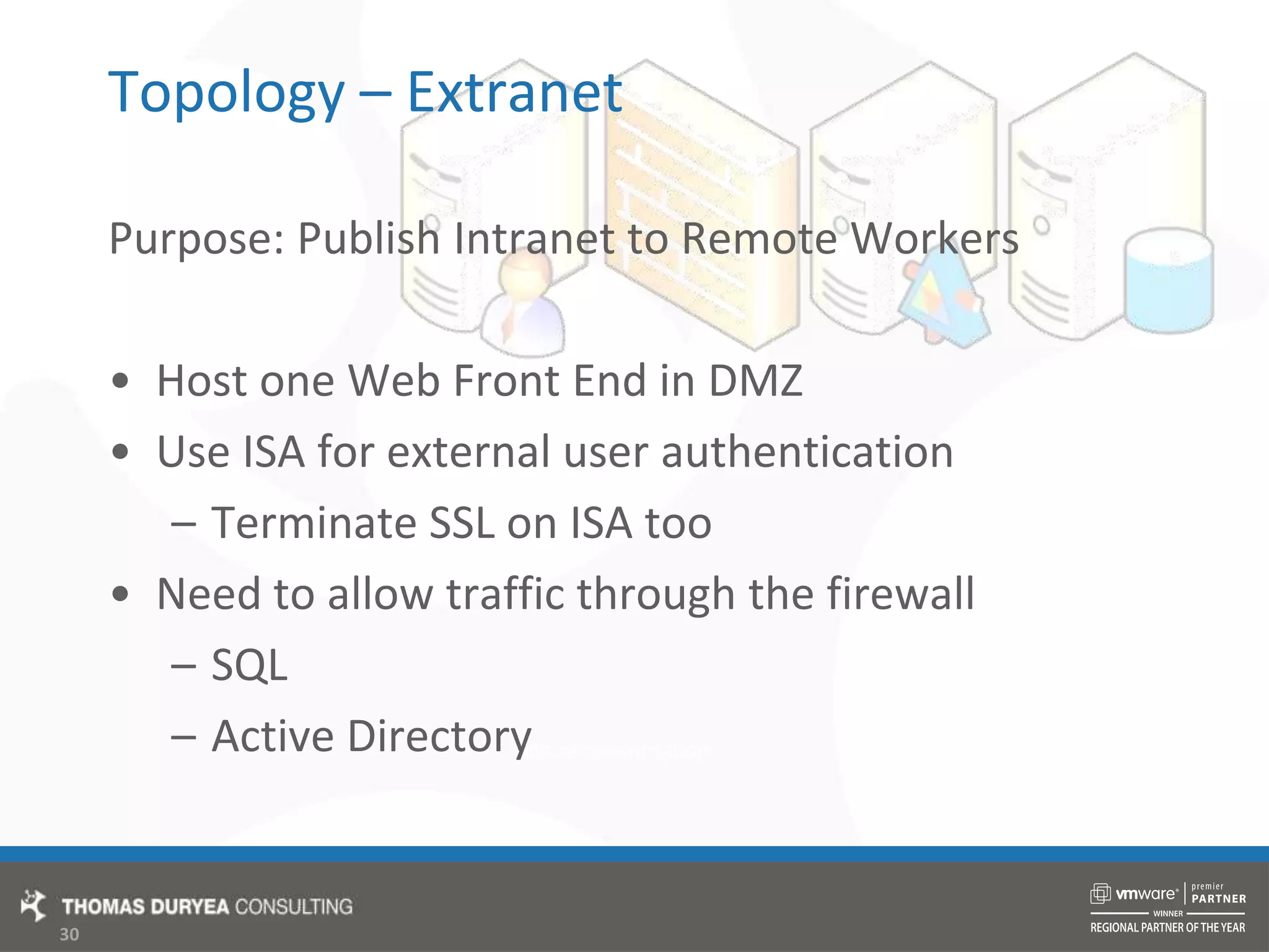 Topology – ExtranetPurpose: Publish Intranet to Remote WorkersHost one Web Front End in DMZUse ISA for external user authenticationTerminate SSL on ISA tooNeed to allow traffic through the firewallSQLActive Directory
