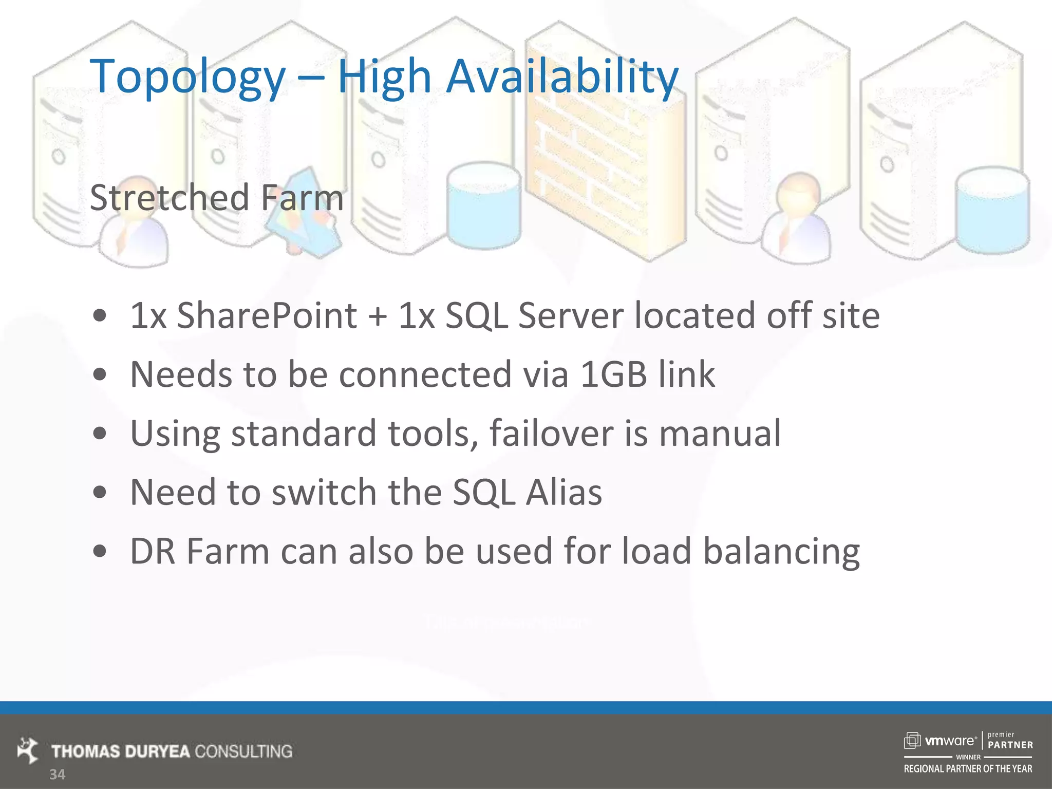 Topology – High AvailabilityStretched Farm1x SharePoint + 1x SQL Server located off siteNeeds to be connected via 1GB linkUsing standard tools, failover is manualNeed to switch the SQL AliasDR Farm can also be used for load balancing