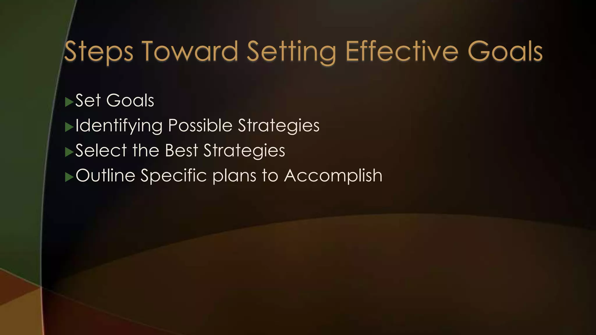  Set

Goals
 Identifying Possible Strategies
 Select the Best Strategies
 Outline Specific plans to Accomplish

 