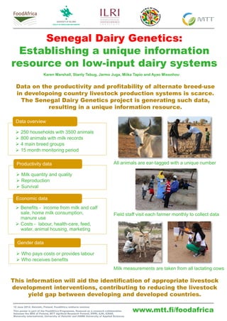 www.mtt.fi/foodafrica
Senegal Dairy Genetics:
Establishing a unique information
resource on low-input dairy systems
16 June 2014, Helsinki, Finland. FoodAfrica midterm seminar
This poster is part of the FoodAfrica Programme, financed as a research collaboration
between the MFA of Finland, MTT Agrifood Research Finland, IFPRI, ILRI, ICRAF,
Bioversity International, University of Helsinki and HAMK University of Applied Sciences
Data on the productivity and profitability of alternate breed-use
in developoing country livestock production systems is scarce.
The Senegal Dairy Genetics project is generating such data,
resulting in a unique information resource.
This information will aid the identification of appropriate livestock
development interventions, contributing to reducing the livestock
yield gap between developing and developed countries.
Karen Marshall, Stanly Tebug, Jarmo Juga, Miika Tapio and Ayao Missohou
 250 households with 3500 animals
 800 animals with milk records
 4 main breed groups
 15 month monitoring period
Data overview
 Milk quantity and quality
 Reproduction
 Survival
Productivity data
 Benefits - income from milk and calf
sale, home milk consumption,
manure use
 Costs - labour, health-care, feed,
water, animal housing, marketing
Economic data
 Who pays costs or provides labour
 Who receives benefits
Gender data
All animals are ear-tagged with a unique number
Field staff visit each farmer monthly to collect data
Milk measurements are taken from all lactating cows
 