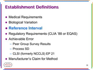 30
Establishment Definitions
Establishment Definitions
z Medical Requirements
z Biological Variation
z Reference Interval
...