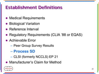 41
Establishment Definitions
Establishment Definitions
z Medical Requirements
z Biological Variation
z Reference Interval
...