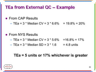 60
TEa from External QC – Example
TEa from External QC – Example
z From CAP Results
– TEa = 3 * Median CV = 3 * 6.6% = 19....