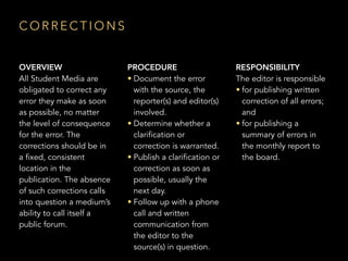 OVERVIEW
All Student Media are
obligated to correct any
error they make as soon
as possible, no matter
the level of consequence
for the error. The
corrections should be in
a fixed, consistent
location in the
publication. The absence
of such corrections calls
into question a medium’s
ability to call itself a
public forum.
PROCEDURE
• Document the error
with the source, the
reporter(s) and editor(s)
involved.
• Determine whether a
clarification or
correction is warranted.
• Publish a clarification or
correction as soon as
possible, usually the
next day.
• Follow up with a phone
call and written
communication from
the editor to the
source(s) in question.
RESPONSIBILITY
The editor is responsible
• for publishing written
correction of all errors;
and
• for publishing a
summary of errors in
the monthly report to
the board.
C O R R E C T I O N S
 