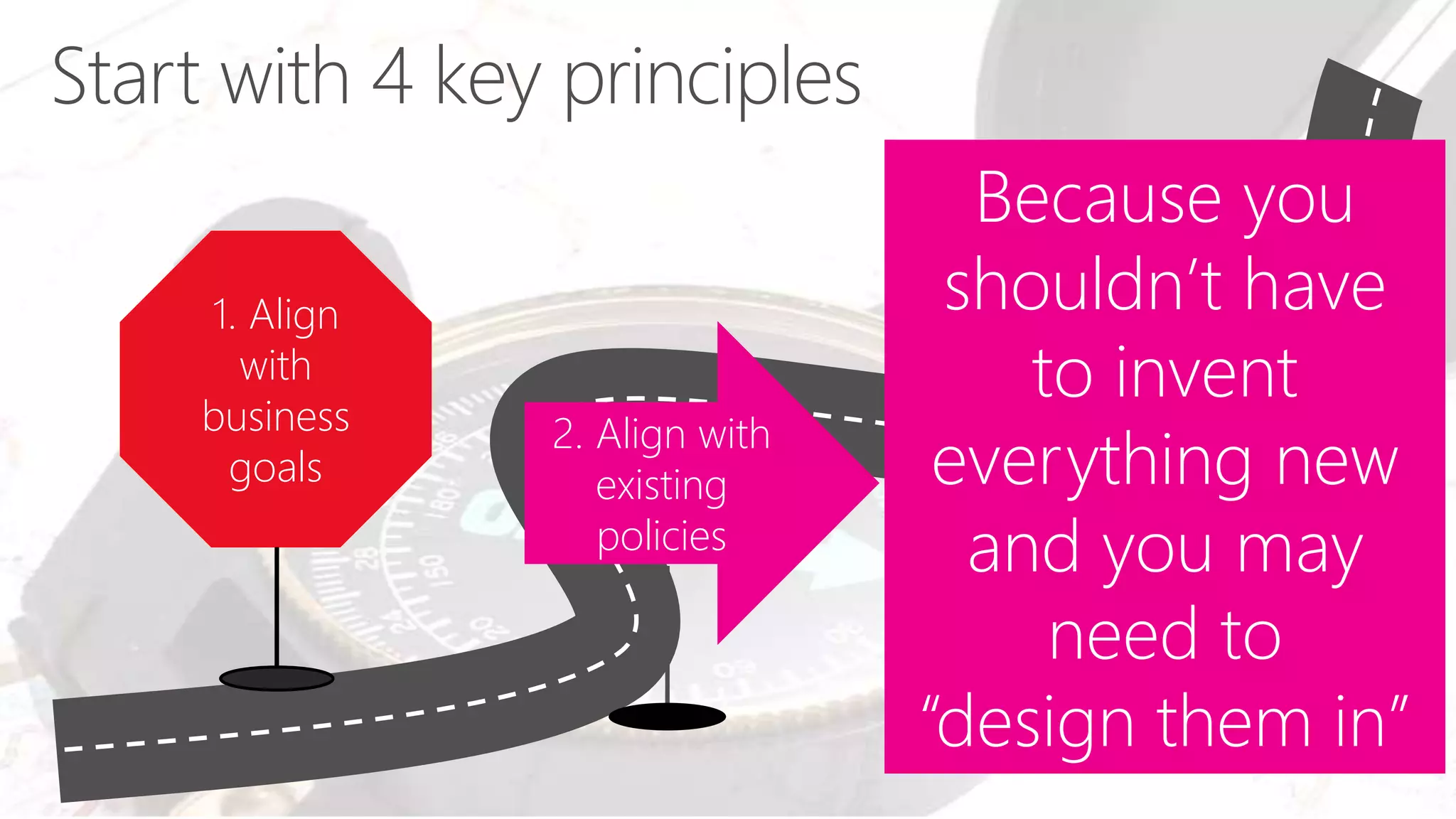 1. Align
with
business
goals
2. Align with
existing
policies
Because you
shouldn’t have
to invent
everything new
and you may
need to
“design them in”
 