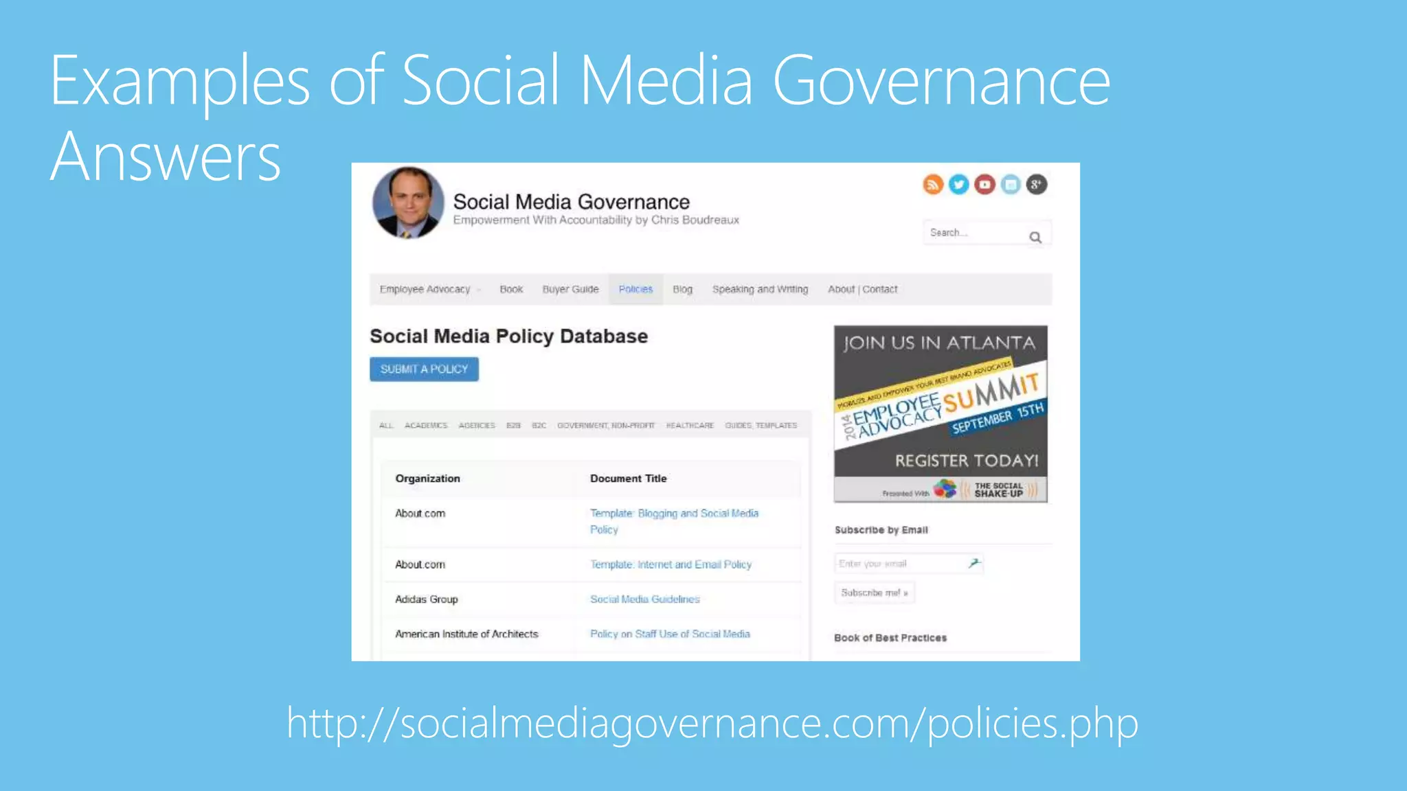 Examples of Social Media Governance
Answers
http://socialmediagovernance.com/policies.php
 