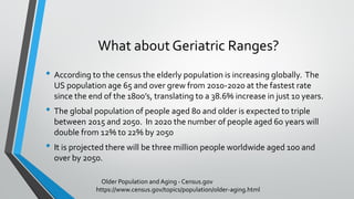 What about Geriatric Ranges?
• According to the census the elderly population is increasing globally. The
US population age 65 and over grew from 2010-2020 at the fastest rate
since the end of the 1800’s, translating to a 38.6% increase in just 10 years.
• The global population of people aged 80 and older is expected to triple
between 2015 and 2050. In 2020 the number of people aged 60 years will
double from 12% to 22% by 2050
• It is projected there will be three million people worldwide aged 100 and
over by 2050.
Older Population and Aging - Census.gov
https://www.census.gov/topics/population/older-aging.html
 