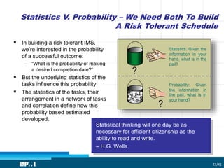 Statistics V. Probability – We Need Both To Build
A Risk Tolerant Schedule
23/41
 In building a risk tolerant IMS,
we’re interested in the probability
of a successful outcome:
– “What is the probability of making
a desired completion date?”
 But the underlying statistics of the
tasks influence this probability
 The statistics of the tasks, their
arrangement in a network of tasks
and correlation define how this
probability based estimated
developed.
Statistical thinking will one day be as
necessary for efficient citizenship as the
ability to read and write.
– H.G. Wells
 