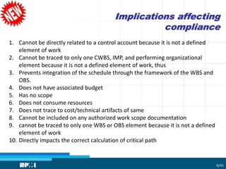 Implications affecting
compliance
1. Cannot be directly related to a control account because it is not a defined
element of work
2. Cannot be traced to only one CWBS, IMP, and performing organizational
element because it is not a defined element of work, thus
3. Prevents integration of the schedule through the framework of the WBS and
OBS.
4. Does not have associated budget
5. Has no scope
6. Does not consume resources
7. Does not trace to cost/technical artifacts of same
8. Cannot be included on any authorized work scope documentation
9. cannot be traced to only one WBS or OBS element because it is not a defined
element of work
10. Directly impacts the correct calculation of critical path
6/41
 