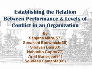 Establishing the Relation
Between Performance & Levels of
Conflict in an Organization
By
Sanjana Mitra(57)
Sonakshi Bhowmick(65)
Sibayan Das(63)
Nabanita Gupta(77)
Arijit Banerjee(91)
Soudeep Samanta(66)

 