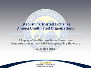 Establishing Trusted Exchange
    Among Unaffiliated Organizations

    A Replay of the Western States Consortium
Demonstration at the HIMSS Interoperability Showcase
                   20 March 2013
 