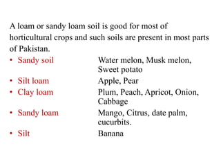 A loam or sandy loam soil is good for most of
horticultural crops and such soils are present in most parts
of Pakistan.
• Sandy soil Water melon, Musk melon,
Sweet potato
• Silt loam Apple, Pear
• Clay loam Plum, Peach, Apricot, Onion,
Cabbage
• Sandy loam Mango, Citrus, date palm,
cucurbits.
• Silt Banana
 