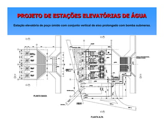 PROJETO DE ESTAÇÕES ELEVATÓRIAS DE ÁGUAPROJETO DE ESTAPROJETO DE ESTAÇÇÕES ELEVATÕES ELEVATÓÓRIAS DERIAS DE ÁÁGUAGUA
Estação elevatória de poço úmido com conjunto vertical de eixo prolongado com bomba submersa.
 