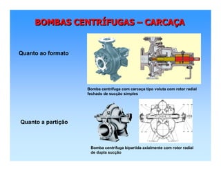 BOMBAS CENTRÍFUGAS – CARCAÇABOMBAS CENTRBOMBAS CENTRÍÍFUGASFUGAS –– CARCACARCAÇÇAA
Quanto ao formato
Bomba centrífuga com carcaça tipo voluta com rotor radial
fechado de sucção simples
Quanto a partição
Bomba centrífuga bipartida axialmente com rotor radial
de dupla sucção
 
