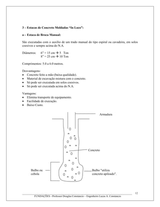 3 – Estacas de Concreto Moldadas “In Loco”:
a - Estaca de Broca Manual:
São executadas com o auxílio de um trado manual do tipo espiral ou cavadeira, em solos
coesivos e sempre acima do N.A.
Diâmetros: 6” = 15 cm 5 Ton
8” = 25 cm 10 Ton
Comprimentos: 5.0 a 6.0 metros.
Desvantagens:
• Concreto feito a mão (baixa qualidade).
• Material de escavação mistura com o concreto.
• Só pode ser executada em solos coesivos.
• Só pode ser executada acima do N.A.
Vantagens:
• Elimina transporte de equipamento.
• Facilidade de execução.
• Baixo Custo.
____________________________________________________________________________________
FUNDAÇÕES - Professor Douglas Constancio – Engenheiro Lucas A. Constancio
12
Armadura
Concreto
Bulbo "utiliza
concreto apiloado".
Bulbo ou
cebola
 