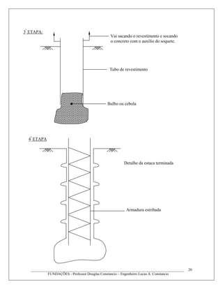 3ª
____________________________________________________________________________________
FUNDAÇÕES - Professor Douglas Constancio – Engenheiro Lucas A. Constancio
20
Vai sacando o revestimento e socando
o concreto com o auxilio do soquete.
Tubo de revestimento
Bulbo ou cebola
ETAPA:
Armadura estribada
Detalhe da estaca terminada
4ª
ETAPA
 