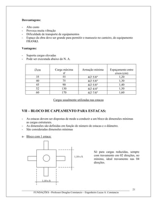 Desvantagens:
- Alto custo
- Provoca muita vibração
- Dificuldade de transporte de equipamentos
- Espaço da obra deve ser grande para permitir o manuseio no canteiro, do equipamento
FRANKI.
Vantagens:
- Suporta cargas elevadas
- Pode ser executada abaixo do N. A.
∅cm Carga máxima
tf
Armação mínima Espaçamento entre
eixos (cm)
35 55 4∅ 5/8" 1,20
40 75 4∅ 5/8" 1,30
45 90 4∅ 5/8" 1,40
52 130 4∅ 4/4" 1,50
60 170 4∅ 7/8" 1,60
Cargas usualmente utilizadas nas estacas
VII – BLOCO DE CAPEAMENTO PARA ESTACAS:
- As estacas devem ser dispostas de modo a conduzir a um bloco de dimensões mínimas
as cargas estruturais.
- As dimensões são definidas em função do número de estacas e o diâmetro.
- São consideradas dimensões mínimas
a- Bloco com 1 estaca:
____________________________________________________________________________________
FUNDAÇÕES - Professor Douglas Constancio – Engenheiro Lucas A. Constancio
21
1,10 x S
1,10 x S
Só para cargas reduzidas, sempre
com travamento em 02 direções, no
mínimo, ideal travamento nas 04
direções.
 