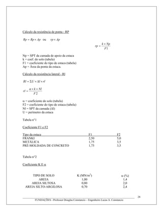 Cálculo da resistência de ponta - RP
ApRpRp ×= ou Aprp ×
1F
Npk
rp
×
=
Np = SPT da camada de apoio da estaca
k = coef. do solo (tabela)
F1 = coeficiente do tipo de estaca (tabela)
Ap = Área da ponta da estaca.
Cálculo da resistência lateral - Rl
rllURl ×Δ×Σ=
2F
Nlk
rl
××
=
α
α = coeficiente do solo (tabela)
F2 = coeficiente do tipo de estaca (tabela)
Nl = SPT da camada (Δl)
U = perímetro da estaca
Tabela n°1
Coeficiente F1 e F2
Tipo da estaca F1 F2
FRANKI 2,50 5,0
METÁLICA 1,75 3,5
PRÉ-MOLDADA DE CONCRETO 1,75 3,5
Tabela n°2
Coeficiente K E α
____________________________________________________________________________________
FUNDAÇÕES - Professor Douglas Constancio – Engenheiro Lucas A. Constancio
28
TIPO DE SOLO K (MN/m2
) α (%)
AREIA 1,00 1,4
AREIA SILTOSA 0,80 2,0
AREIA SILTO-ARGILOSA 0,70 2,4
 
