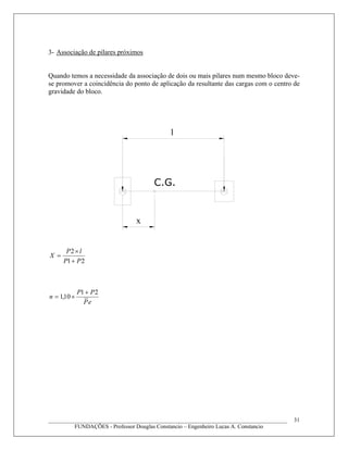 3- Associação de pilares próximos
Quando temos a necessidade da associação de dois ou mais pilares num mesmo bloco deve-
se promover a coincidência do ponto de aplicação da resultante das cargas com o centro de
gravidade do bloco.
l
C.G.
x
21
2
PP
lP
X
+
×
=
____________________________________________________________________________________
FUNDAÇÕES - Professor Douglas Constancio – Engenheiro Lucas A. Constancio
31
eP
PP
n
21
10,1
+
×=
 
