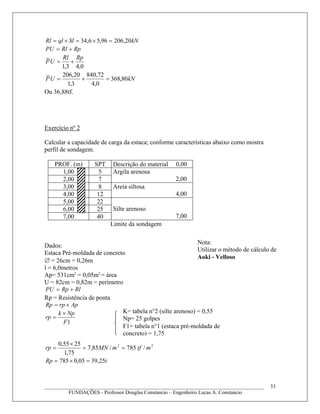 kNSlqlRl 20,20696,56,34 =×=×=
RpRlPU +=
0,43,1
RpRl
UP +=
kNUP 80,368
0,4
72,840
3,1
20,206
=+=
Ou 36,88tf.
Exercício nº 2
Calcular a capacidade de carga da estaca; conforme características abaixo como mostra
perfil de sondagem.
PROF. (m) SPT Descrição do material 0,00
1,00 5
2,00 7
Argila arenosa
2,00
3,00 8
4,00 12
Areia siltosa
4,00
5,00 22
6,00 25
7,00 40
Silte arenoso
7,00
Limite da sondagem
Dados:
Estaca Pré-moldada de concreto
∅ = 26cm = 0,26m
l = 6,0metros
Ap= 531cm2
= 0,05m2
= área
U = 82cm = 0,82m = perímetro
RlRpPU +=
Rp = Resistência de ponta
AprpRp ×=
1F
Npk
rp
×
=
22
/785/85,7
75,1
2555,0
mtfmMNrp ==
×
=
tRp 25,3905,0785 =×=
____________________________________________________________________________________
FUNDAÇÕES - Professor Douglas Constancio – Engenheiro Lucas A. Constancio
33
Nota:
Utilizar o método de cálculo de
Aoki - Velloso
K= tabela n°2 (silte arenoso) = 0,55
Np= 25 golpes
F1= tabela n°1 (estaca pré-moldada de
concreto) = 1,75
 