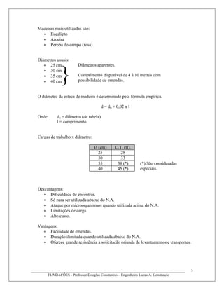 Madeiras mais utilizadas são:
• Eucalipto
• Aroeira
• Peroba do campo (rosa)
Diâmetros usuais:
• 25 cm
• 30 cm
• 35 cm
• 40 cm
O diâmetro da estaca de madeira é determinado pela fórmula empírica.
d = do + 0,02 x l
Onde: do = diâmetro (de tabela)
l = comprimento
Cargas de trabalho x diâmetro:
Ø (cm) C.T. (tf).
25 28
30 33
35 38 (*)
40 45 (*)
Desvantagens:
• Dificuldade de encontrar.
• Só para ser utilizada abaixo do N.A.
• Ataque por microorganismos quando utilizada acima do N.A.
• Limitações de carga.
• Alto custo.
Vantagens:
• Facilidade de emendas.
• Duração ilimitada quando utilizada abaixo do N.A.
• Oferece grande resistência a solicitação oriunda de levantamentos e transportes.
____________________________________________________________________________________
FUNDAÇÕES - Professor Douglas Constancio – Engenheiro Lucas A. Constancio
3
}
Diâmetros aparentes.
Comprimento disponível de 4 á 10 metros com
possibilidade de emendas.
(*) São consideradas
especiais.
 