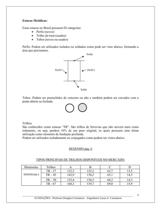 Estacas Metálicas:
Estas estacas no Brasil possuem 03 categorias:
• Perfis (novos)
• Trilho de trem (usados)
• Tubos (novos ou usados)
Perfis: Podem ser utilizados isolados ou soldados como pode ser visto abaixo, formando a
área que precisamos.
Tubos: Podem ser preenchidos de concreto ou não e também podem ser cravados com a
ponta aberta ou fechada.
Trilhos:
São conhecidos como estacas “TR”. São trilhos de ferrovias que não servem mais como
rolamento, ou seja, perdera 10% de seu peso original, os quais possuem uma ótima
utilização como elemento de fundação profunda.
Podem ser utilizados isoladamente ou conjugados como podem ser vistos abaixo.
DESENHO pág. 6
TIPOS PRINCIPAIS DE TRILHOS DISPONÍVEIS NO MERCADO:
Dimensões Trilhos A B C D
TR - 37 122,2 122,2 62,7 13,5
DESENHO pág. 6 TR – 45 142,9 130,2 65,1 14,3
TR – 50 152,4 136,5 68,2 14,3
TR - 67 168,3 139,7 69,0 15,9
____________________________________________________________________________________
FUNDAÇÕES - Professor Douglas Constancio – Engenheiro Lucas A. Constancio
4
Solda
Solda
Perfil I Perfil I
 