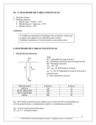 IX – CAPACIDADE DE CARGA EM ESTACAS
1- Fórmulas teóricas
2- Métodos empíricos
a- Método Aoki - Velloso - 1975
b- Método De...