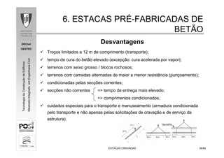 DECivil
GESTEC
3434/84/84
TecnologiadaConstruçãodeEdifícios
MestradoIntegradoemEngenhariaCivil
ESTACAS CRAVADASESTACAS CRAVADAS
6. ESTACAS PR6. ESTACAS PRÉÉ--FABRICADAS DEFABRICADAS DE
BETÃOBETÃO
Troços limitados a 12 m de comprimento (transporte);
tempo de cura do betão elevado (excepção: cura acelerada por vapor);
terrenos com seixo grosso / blocos rochosos;
terrenos com camadas alternadas de maior e menor resistência (punçoamento);
condicionadas pelas secções correntes;
secções não correntes => tempo de entrega mais elevado;
=> comprimentos condicionados;
cuidados especiais para o transporte e manuseamento (armadura condicionada
pelo transporte e não apenas pelas solicitações de cravação e de serviço da
estrutura).
Desvantagens
 