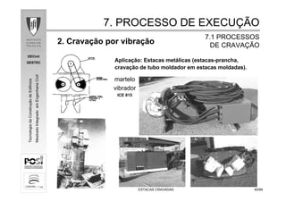 DECivil
GESTEC
4040/84/84
TecnologiadaConstruçãodeEdifícios
MestradoIntegradoemEngenhariaCivil
ESTACAS CRAVADASESTACAS CRAVADAS
2. Cravação por vibração
7. PROCESSO DE EXECU7. PROCESSO DE EXECUÇÇÃOÃO
7.1 PROCESSOS7.1 PROCESSOS
DE CRAVADE CRAVAÇÇÃOÃO
Aplicação: Estacas metálicas (estacas-prancha,
cravação de tubo moldador em estacas moldadas).
martelo
vibrador
ICE 815
 