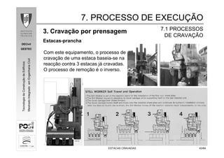 DECivil
GESTEC
4343/84/84
TecnologiadaConstruçãodeEdifícios
MestradoIntegradoemEngenhariaCivil
ESTACAS CRAVADASESTACAS CRAVADAS
3. Cravação por prensagem
Estacas-prancha
7. PROCESSO DE EXECU7. PROCESSO DE EXECUÇÇÃOÃO
7.1 PROCESSOS7.1 PROCESSOS
DE CRAVADE CRAVAÇÇÃOÃO
Com este equipamento, o processo de
cravação de uma estaca baseia-se na
reacção contra 3 estacas já cravadas.
O processo de remoção é o inverso.
 