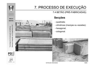 DECivil
GESTEC
5555/84/84
TecnologiadaConstruçãodeEdifícios
MestradoIntegradoemEngenhariaCivil
ESTACAS CRAVADASESTACAS CRAVADAS
Secções
- quadrada;
- cilíndricas (maciças ou vazadas);
- hexagonal;
- octogonal.
7. PROCESSO DE EXECU7. PROCESSO DE EXECUÇÇÃOÃO
7.4 BETÃO (PR7.4 BETÃO (PRÉÉ--FABRICADAS)FABRICADAS)
 