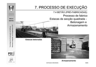 DECivil
GESTEC
5959/84/84
TecnologiadaConstruçãodeEdifícios
MestradoIntegradoemEngenhariaCivil
ESTACAS CRAVADASESTACAS CRAVADAS
Processo de fabrico
Estacas de secção quadrada -
Betonagem e
Armazenamento
Armazenamento
Estacas betonadas
7. PROCESSO DE EXECU7. PROCESSO DE EXECUÇÇÃOÃO
7.4 BETÃO (PR7.4 BETÃO (PRÉÉ--FABRICADAS)FABRICADAS)
 