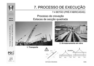 DECivil
GESTEC
6060/84/84
TecnologiadaConstruçãodeEdifícios
MestradoIntegradoemEngenhariaCivil
ESTACAS CRAVADASESTACAS CRAVADAS
Processo de cravação
Estacas de secção quadrada
2. Armazenamento em obra
1. Transporte
7. PROCESSO DE EXECU7. PROCESSO DE EXECUÇÇÃOÃO
7.4 BETÃO (PR7.4 BETÃO (PRÉÉ--FABRICADAS)FABRICADAS)
 