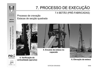 DECivil
GESTEC
6363/84/84
TecnologiadaConstruçãodeEdifícios
MestradoIntegradoemEngenhariaCivil
ESTACAS CRAVADASESTACAS CRAVADAS
6. Elevação da estaca
5. Encaixe da estaca no
capacete
4. Verificação da
verticalidade (aprumo)
7. PROCESSO DE EXECU7. PROCESSO DE EXECUÇÇÃOÃO
7.4 BETÃO (PR7.4 BETÃO (PRÉÉ--FABRICADAS)FABRICADAS)
Processo de cravação
Estacas de secção quadrada
 