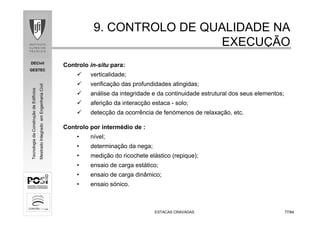 DECivil
GESTEC
7777/84/84
TecnologiadaConstruçãodeEdifícios
MestradoIntegradoemEngenhariaCivil
ESTACAS CRAVADASESTACAS CRAVADAS
9. CONTROLO DE QUALIDADE NA9. CONTROLO DE QUALIDADE NA
EXECUEXECUÇÇÃOÃO
Controlo in-situ para:
verticalidade;
verificação das profundidades atingidas;
análise da integridade e da continuidade estrutural dos seus elementos;
aferição da interacção estaca - solo;
detecção da ocorrência de fenómenos de relaxação, etc.
Controlo por intermédio de :
• nível;
• determinação da nega;
• medição do ricochete elástico (repique);
• ensaio de carga estático;
• ensaio de carga dinâmico;
• ensaio sónico.
 