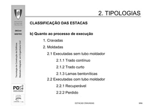 DECivil
GESTEC
99/84/84
TecnologiadaConstruçãodeEdifícios
MestradoIntegradoemEngenhariaCivil
CLASSIFICAÇÃO DAS ESTACAS
b) Quanto ao processo de execução
1. Cravadas
2. Moldadas
2.1 Executadas sem tubo moldador
2.1.1 Trado contínuo
2.1.2 Trado curto
2.1.3 Lamas bentoníticas
2.2 Executadas com tubo moldador
2.2.1 Recuperável
2.2.2 Perdido
2. TIPOLOGIAS2. TIPOLOGIAS
ESTACAS CRAVADASESTACAS CRAVADAS
 
