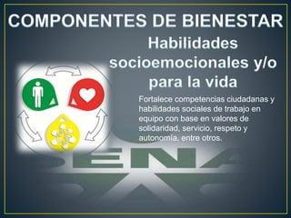 Fortalece competencias ciudadanas y
habilidades sociales de trabajo en
equipo con base en valores de
solidaridad, servicio, respeto y
autonomía, entre otros.
 