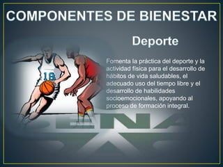 Fomenta la práctica del deporte y la
actividad física para el desarrollo de
hábitos de vida saludables, el
adecuado uso del tiempo libre y el
desarrollo de habilidades
socioemocionales, apoyando al
proceso de formación integral.
 