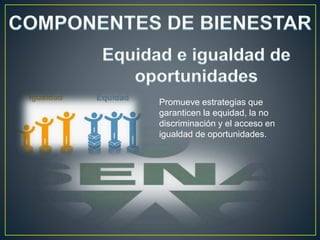 Promueve estrategias que
garanticen la equidad, la no
discriminación y el acceso en
igualdad de oportunidades.
 