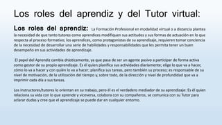 Los roles del aprendiz y del Tutor virtual:
Los roles del aprendiz: La Formación Profesional en modalidad virtual o a distancia plantea
la necesidad de que tanto tutores como aprendices modifiquen sus actitudes y sus formas de actuación en lo que
respecta al proceso formativo; los aprendices, como protagonistas de su aprendizaje, requieren tomar conciencia
de la necesidad de desarrollar una serie de habilidades y responsabilidades que les permita tener un buen
desempeño en sus actividades de aprendizaje.
El papel del Aprendiz cambia drásticamente, ya que pasa de ser un agente pasivo a participar de forma activa
como gestor de su propio aprendizaje. Es él quien planifica sus actividades diariamente; elige lo que va a hacer,
cómo lo va a hacer y con quién lo va a hacer; planifica sus tareas, pero también su proceso; es responsable de su
nivel de motivación, de la utilización del tiempo y, sobre todo, de la dirección y nivel de profundidad que va a
imprimir cada día a sus tareas.
Los instructores/tutores lo orientan en su trabajo, pero él es el verdadero mediador de su aprendizaje: Es él quien
relaciona su vida con lo que aprende y viceversa, colabora con su compañeros, se comunica con su Tutor para
aclarar dudas y cree que el aprendizaje se puede dar en cualquier entorno.
 